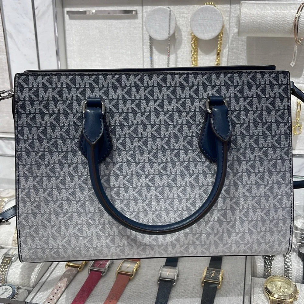 MICHAEL KORS Sheila Medium Ombré Signature Logo CZ Satchel Crossbody Navy NWT